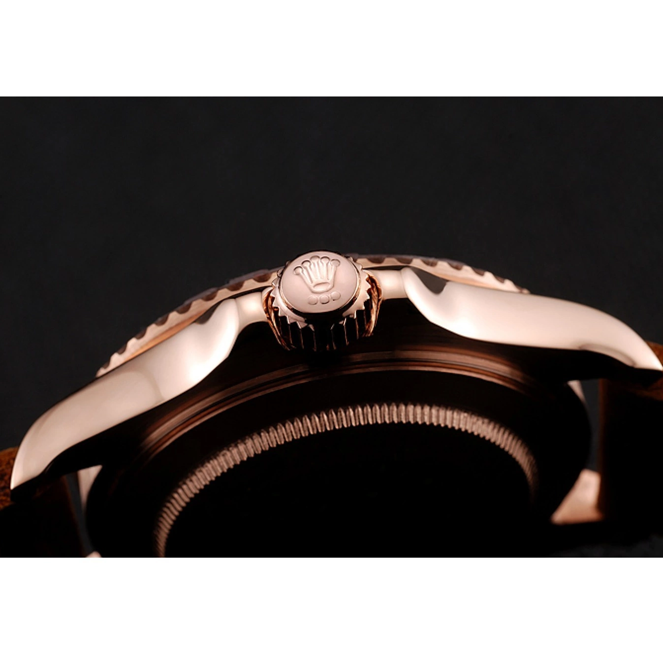 Rolex aaa copy Leather Black 1453861 Rose Case Gold Master Bracelet Rolex Yacht Brown Dial 0616